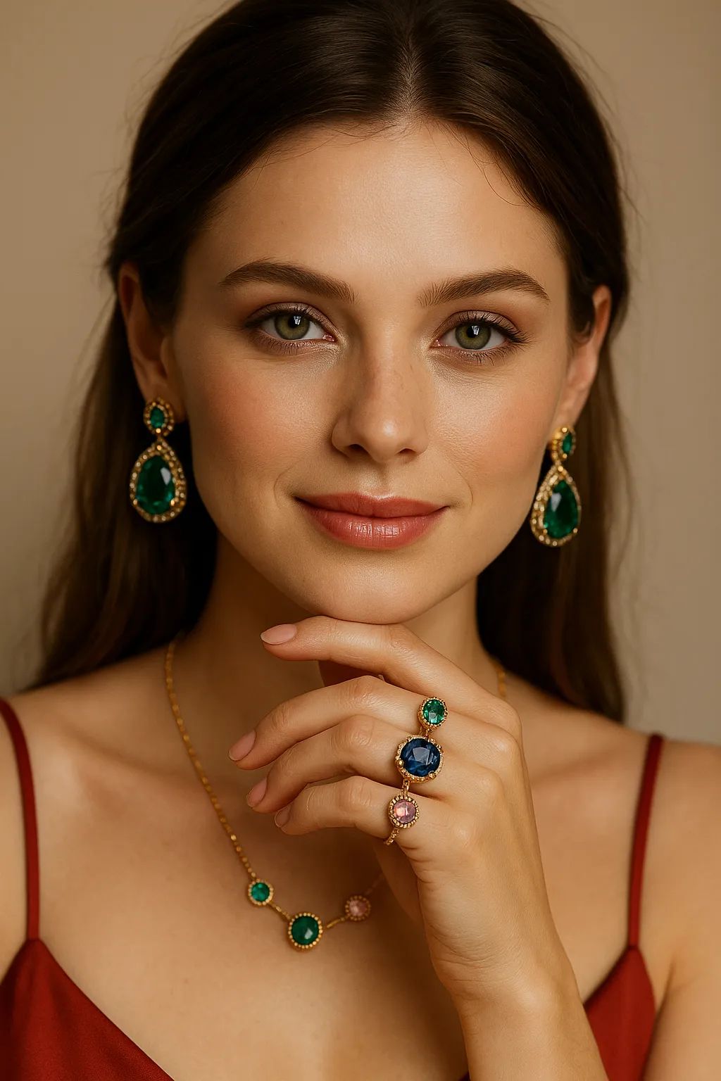 Eine Frau mit Schmuck mit Steinen